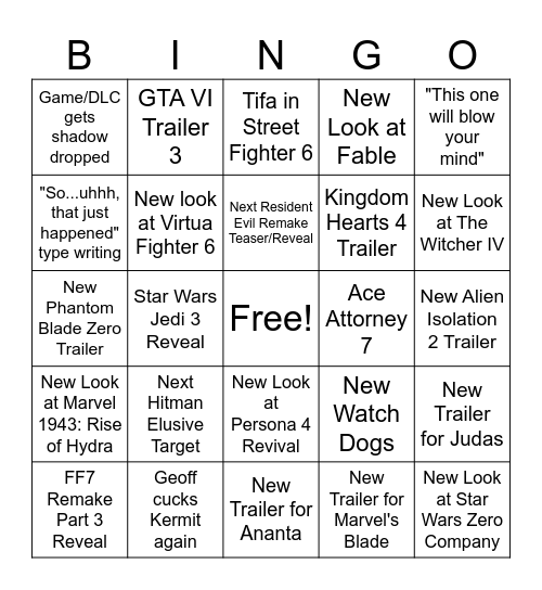 Summer Game Fest 2026 Bingo Card
