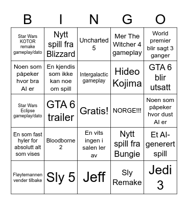 Summer Game Fest 2025 Bingo Card