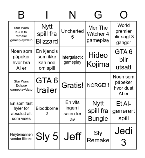 Summer Game Fest 2025 Bingo Card