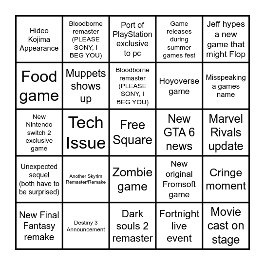Summer Games Fest Bingo Card