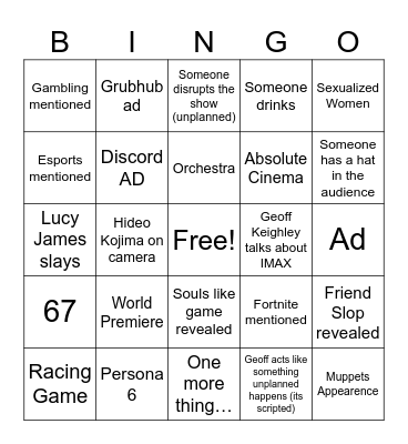 Summer Game Fest 2026 Bingo Card