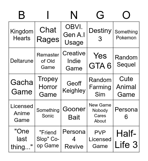 Summer Game Fest Bingo Card