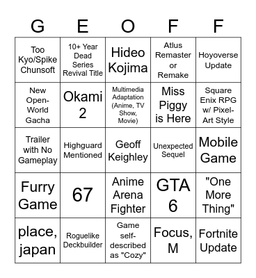 SGF 2026 Main Showcase Bingo Card