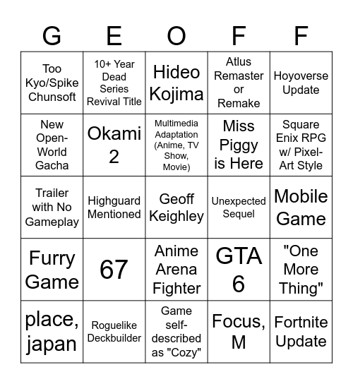 SGF 2026 Main Showcase Bingo Card