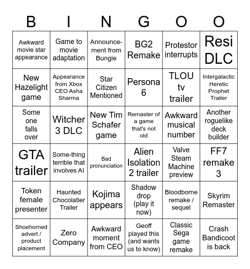 Summer Games Fest Bingo Card