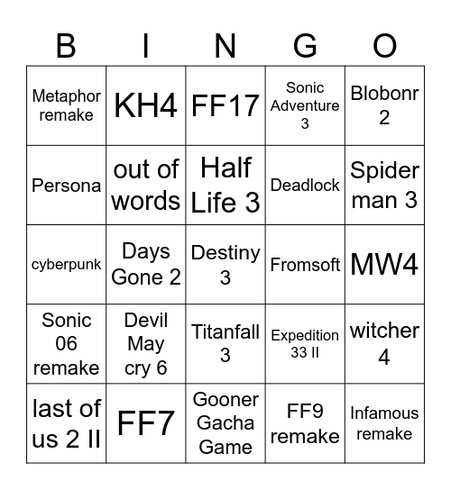 reall summer game fest Bingo Card