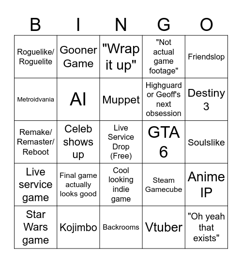 Summer Game Fest 2026 Bingo Card