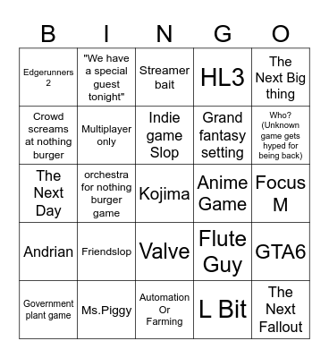 Summer Games Fest Bingo Card