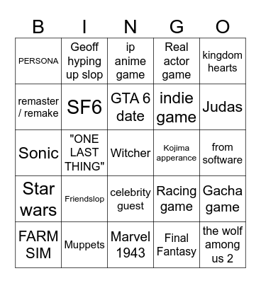 Summer game fest Bingo Card