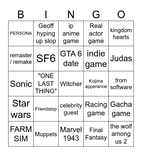 Summer game fest Bingo Card