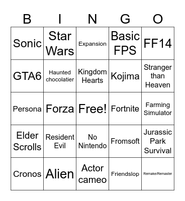 Summer game fest 2026 Bingo Card