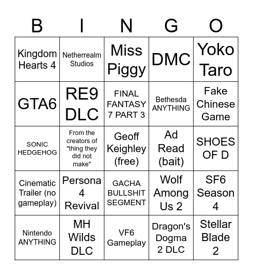 Summer Games Fest 2026 Bingo Card