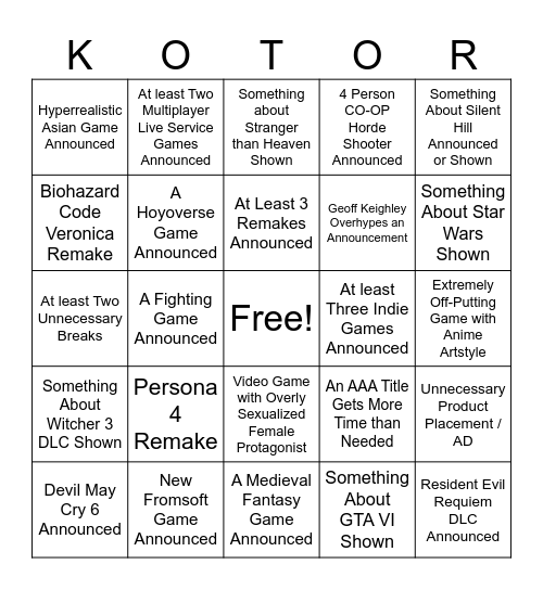 Summer Game Fest 26' Bingo Card