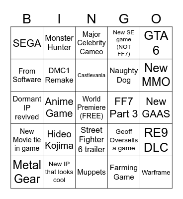 Summer Game Fest 2026 Bingo Card