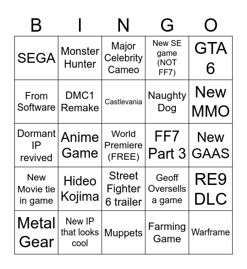 Summer Game Fest 2026 Bingo Card