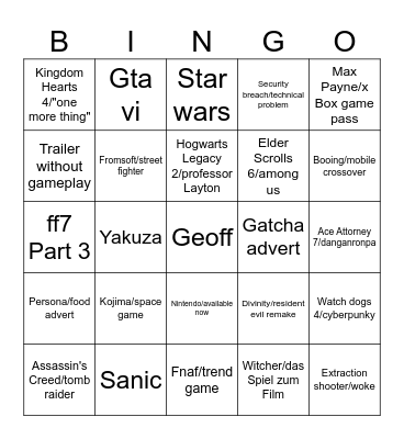 SGF Bingo Card