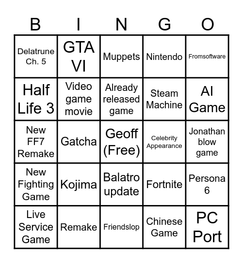 Summer Game Fest Bingo Card