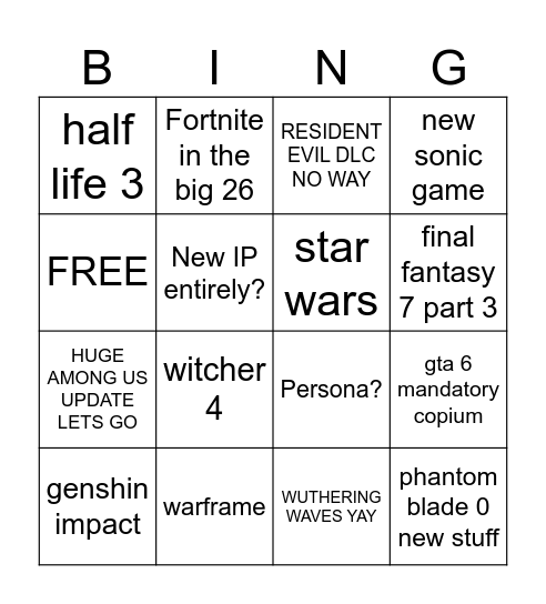 summer game fest Bingo Card