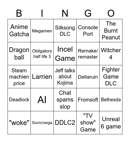 Game Awards Bingo Card
