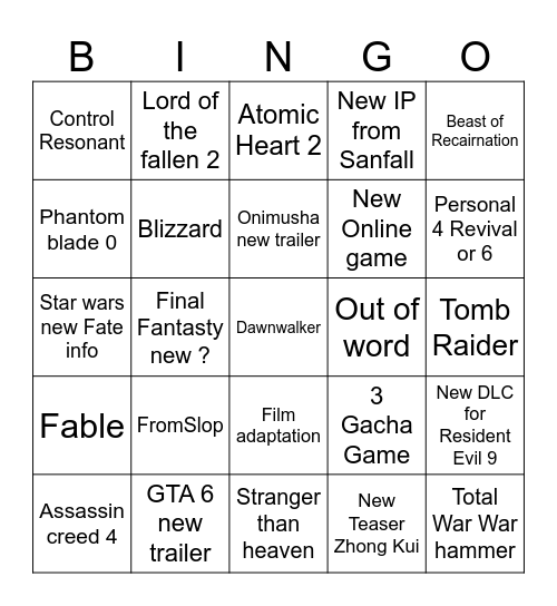 Summer Fest Game Bingo Card