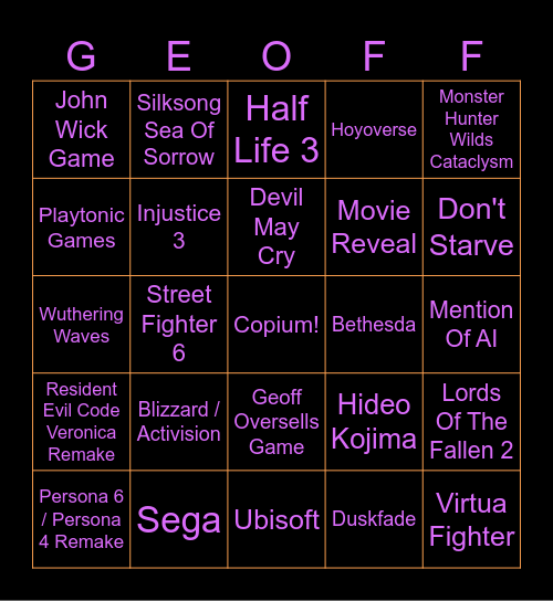 Summer Games Fest Bingo Card