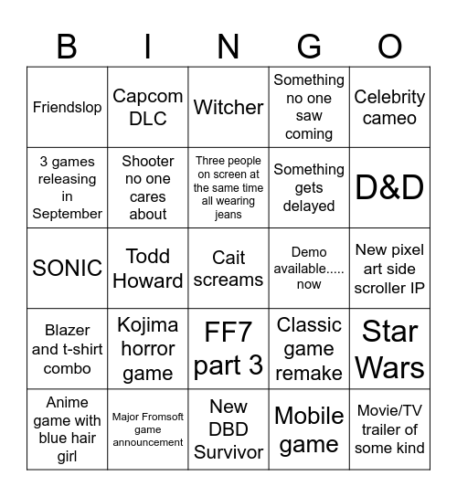 Summer Games Fest Bingo Card