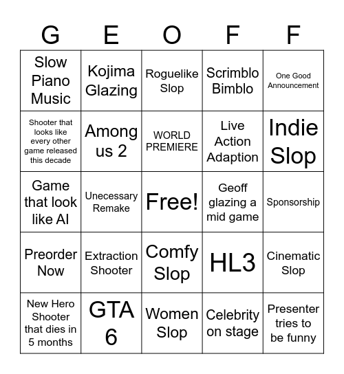 Summer Game Slop Bingo Card
