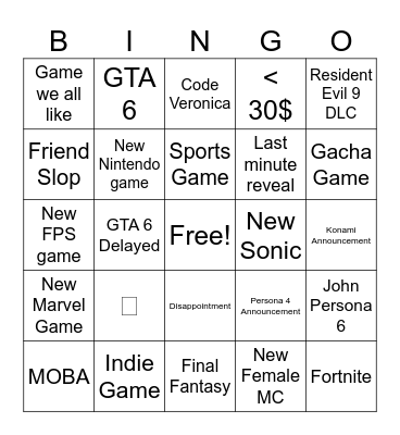 Summer Game Fest Bingo Card