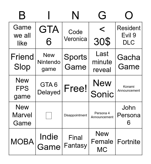 Summer Game Fest Bingo Card