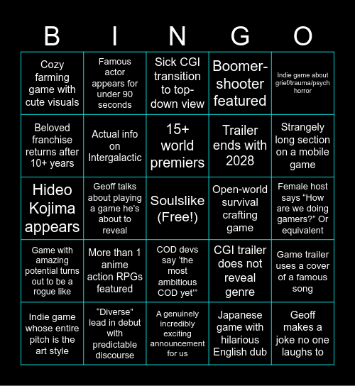 Summer Games Fest 2026 Bingo Card