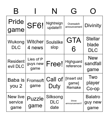 Summer game fest Bingo Card