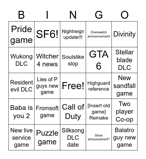 Summer game fest Bingo Card