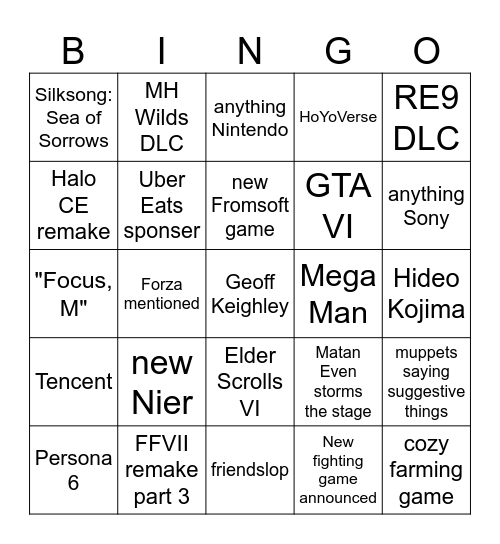 Summer Games Fest 2026 Bingo Card