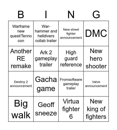Summer games fest Bingo Card