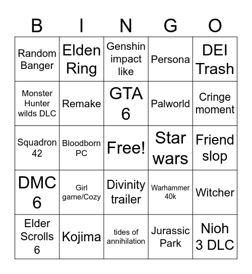 Game fest Bingo Card