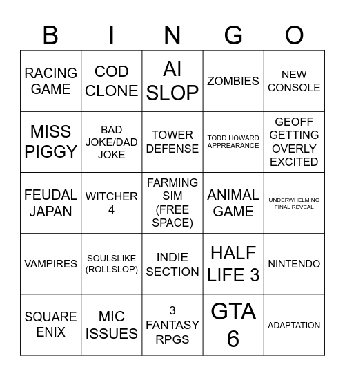 Summer Games Fest 2026 Bingo Card