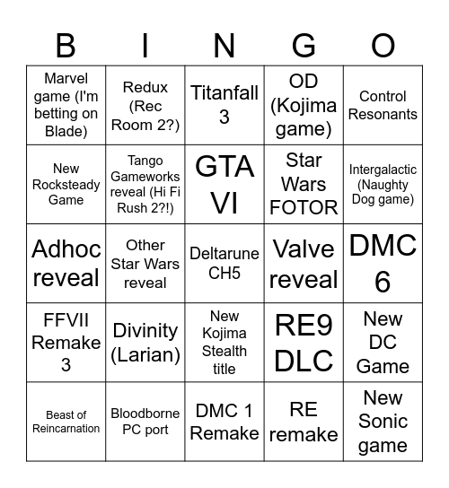 Summer Games Fest Bingo Card