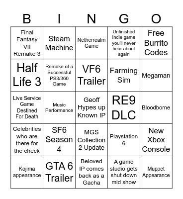 Summer Game Fest 2026 Bingo Card