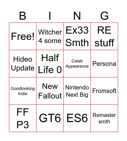 Summer Gamefest Bingo Card