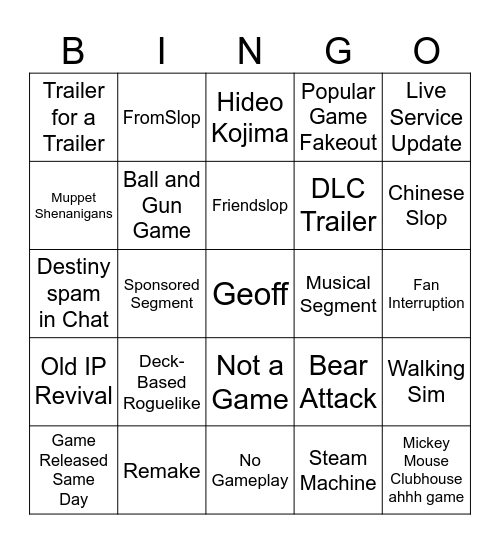 Summer Games Fest 2026 Bingo Card