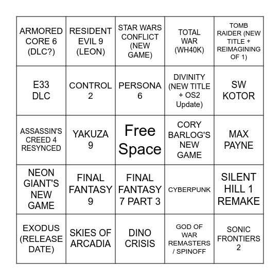 THE GAME AWARDS 2026 Bingo Card