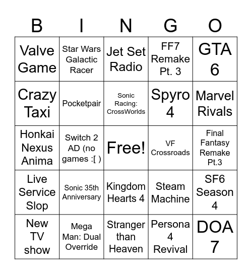 Summer Games Fest Bingo Card