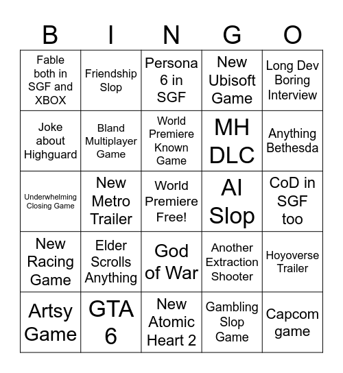 Summer Games Fest Bingo Card