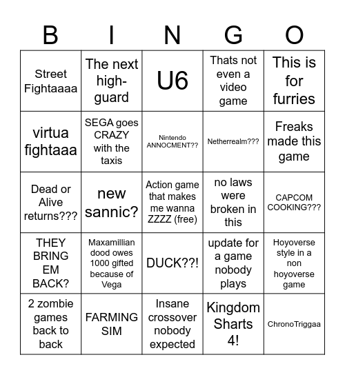 Summer Game fest Bingo Card