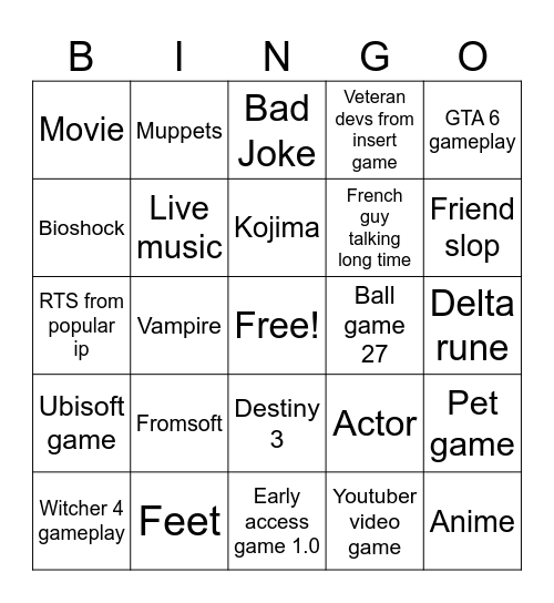 Game Awards Bingo Card