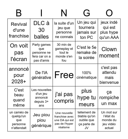 Game awards Bingo Card