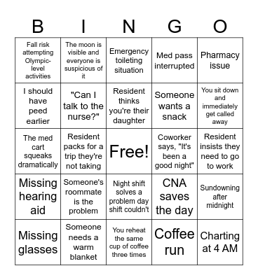 Night Shift Nursing Bingo Card