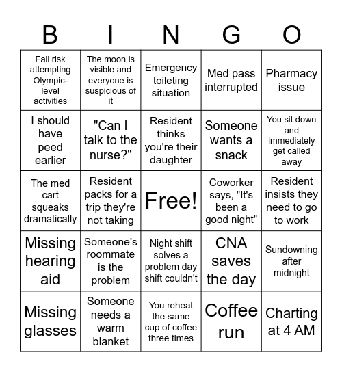Night Shift Nursing Bingo Card