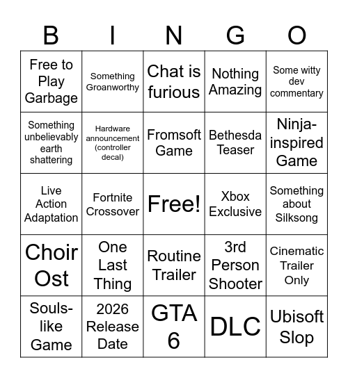 Summer Game Fest Bingo Card