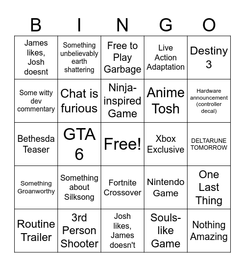 Summer Game Fest Bingo Card